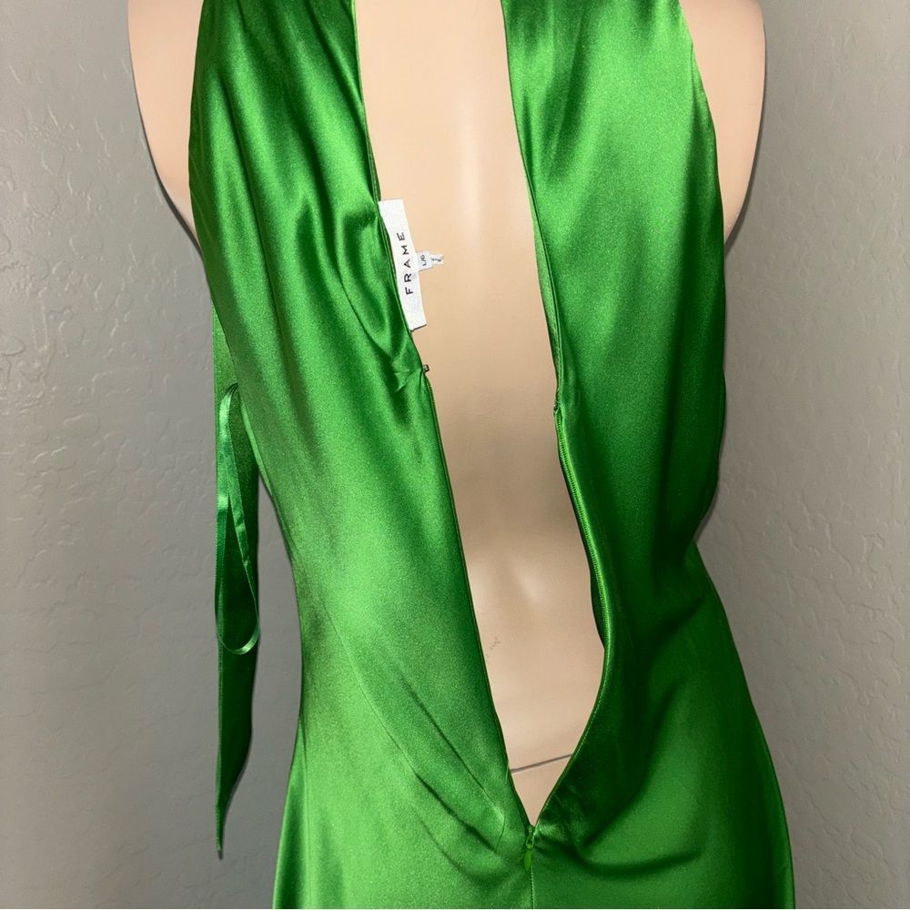 FRAME Draped Neck Tie Halter Dress in Bright Peridot Silk Size Large NEW - Picture 15 of 16